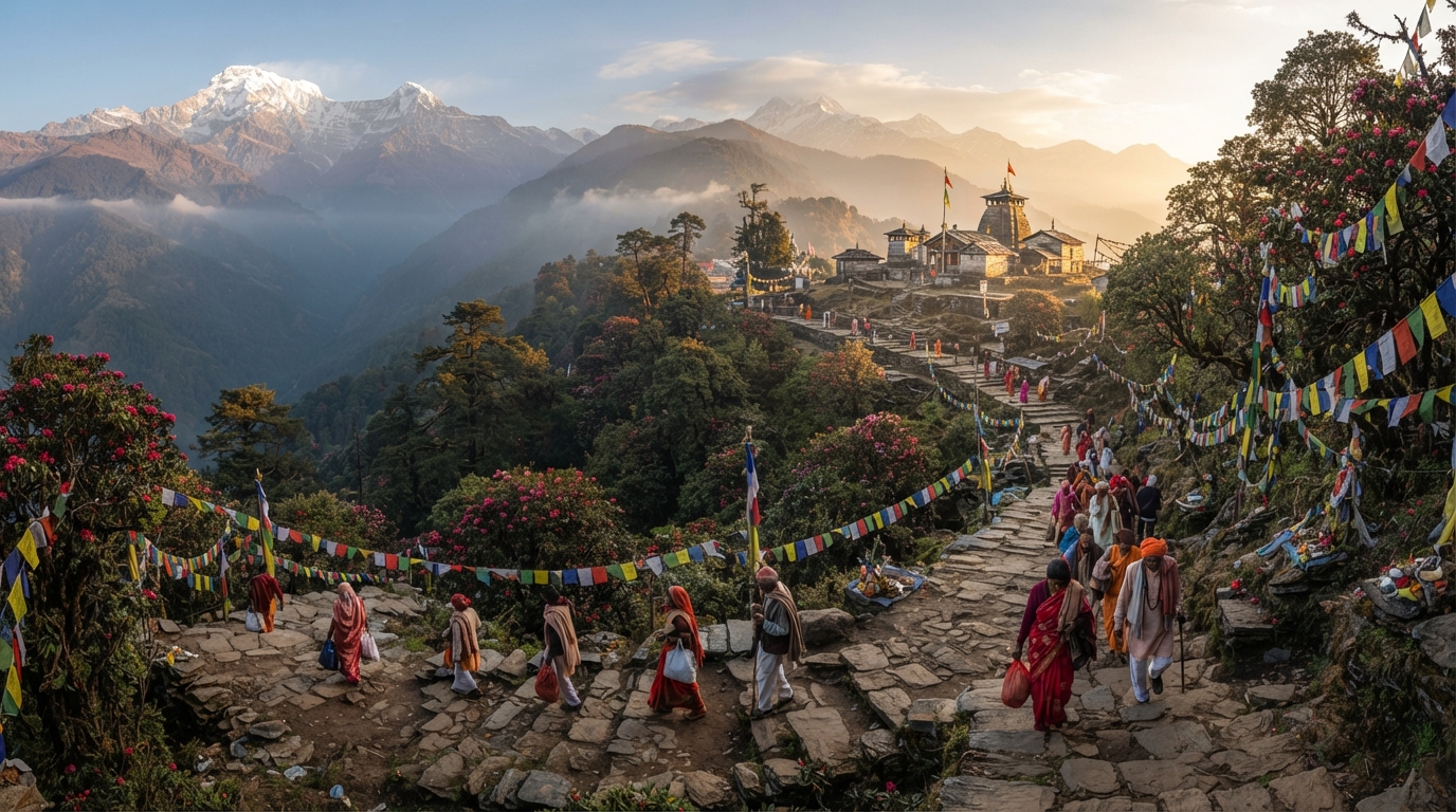 Pilgrims walking along a historic stone trail in the Himalayas toward an ancient shrine