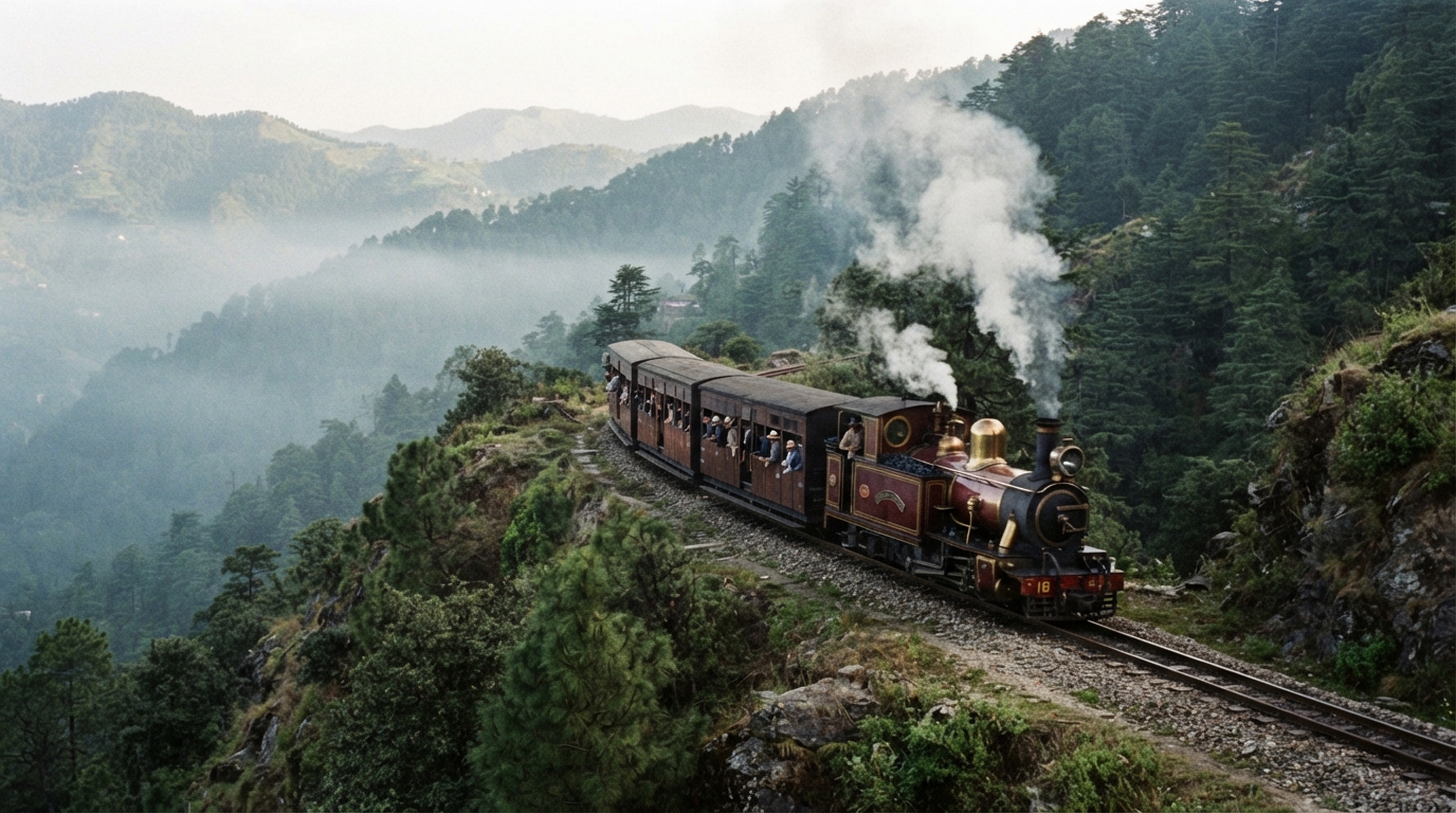 Vintage steam locomotive navigating a lush mountain railway near an Indian colonial hill station