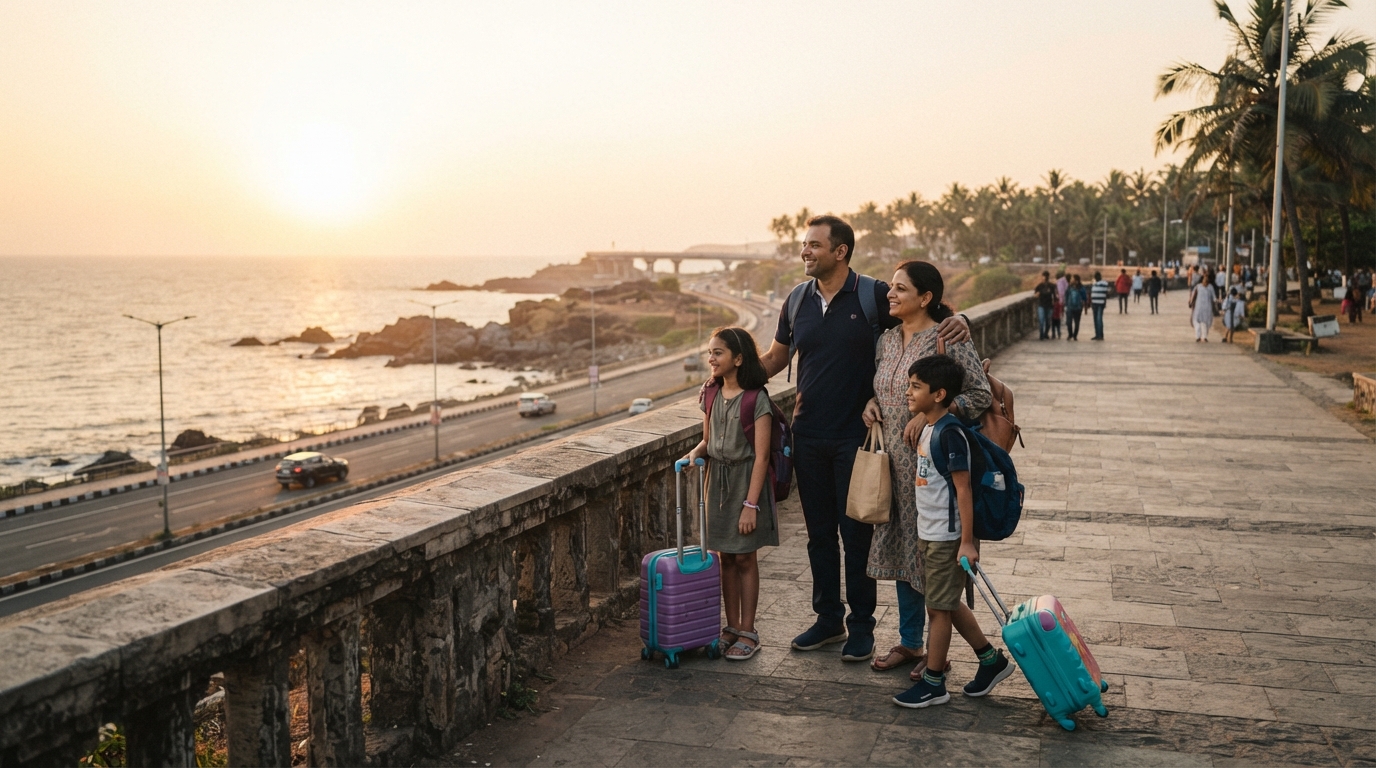 Indian family traveling along the coastal route during a modern domestic vacation at sunset