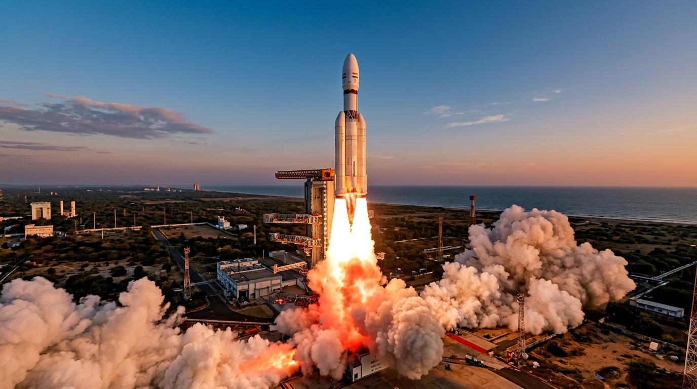 Indian heavy-lift rocket launching from a launchpad at dawn representing ISRO space milestones.