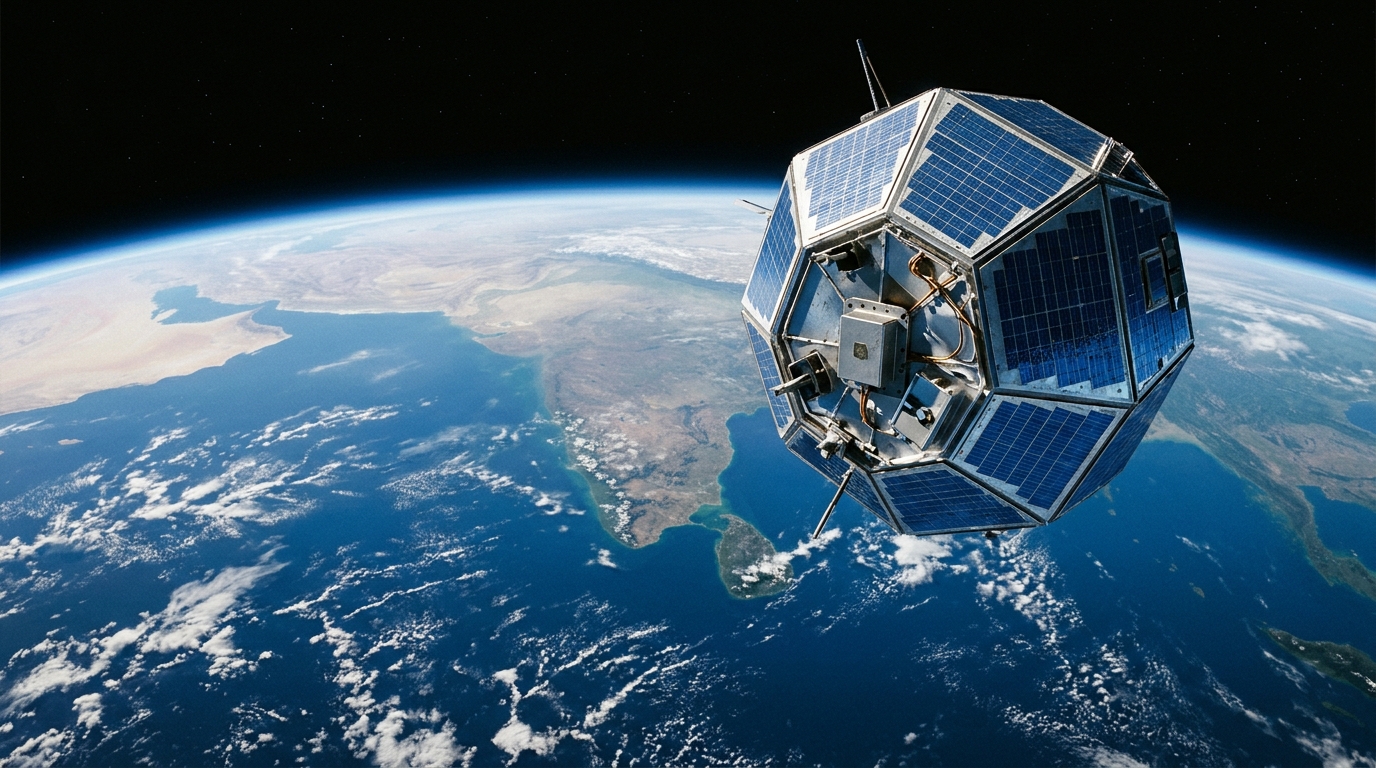 Geometric Aryabhata satellite orbiting Earth, marking India's first satellite launch in history.