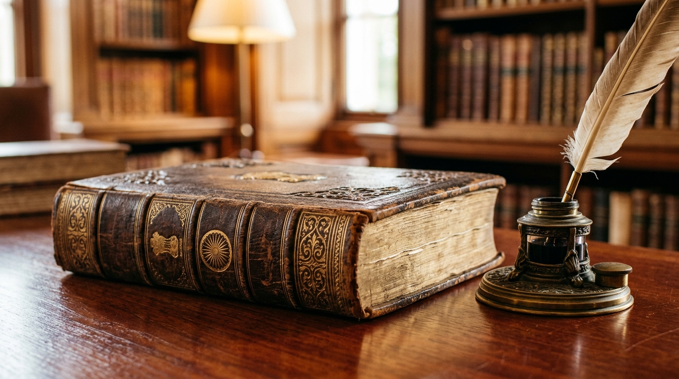 Vintage leather-bound Indian Constitution book with brass inkwell on a wooden table.