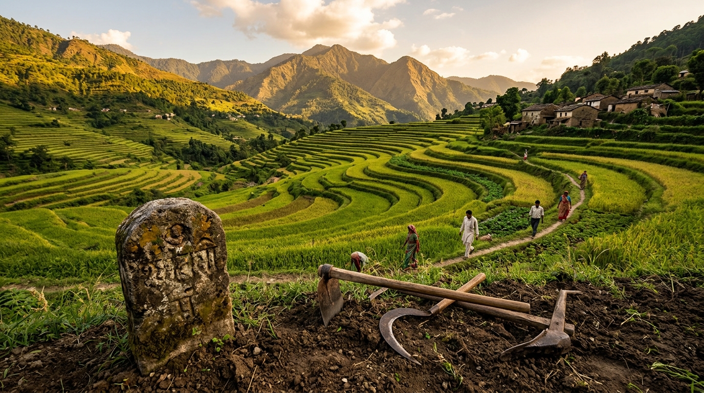 Lush agricultural fields in India with a stone boundary marker representing land reforms.