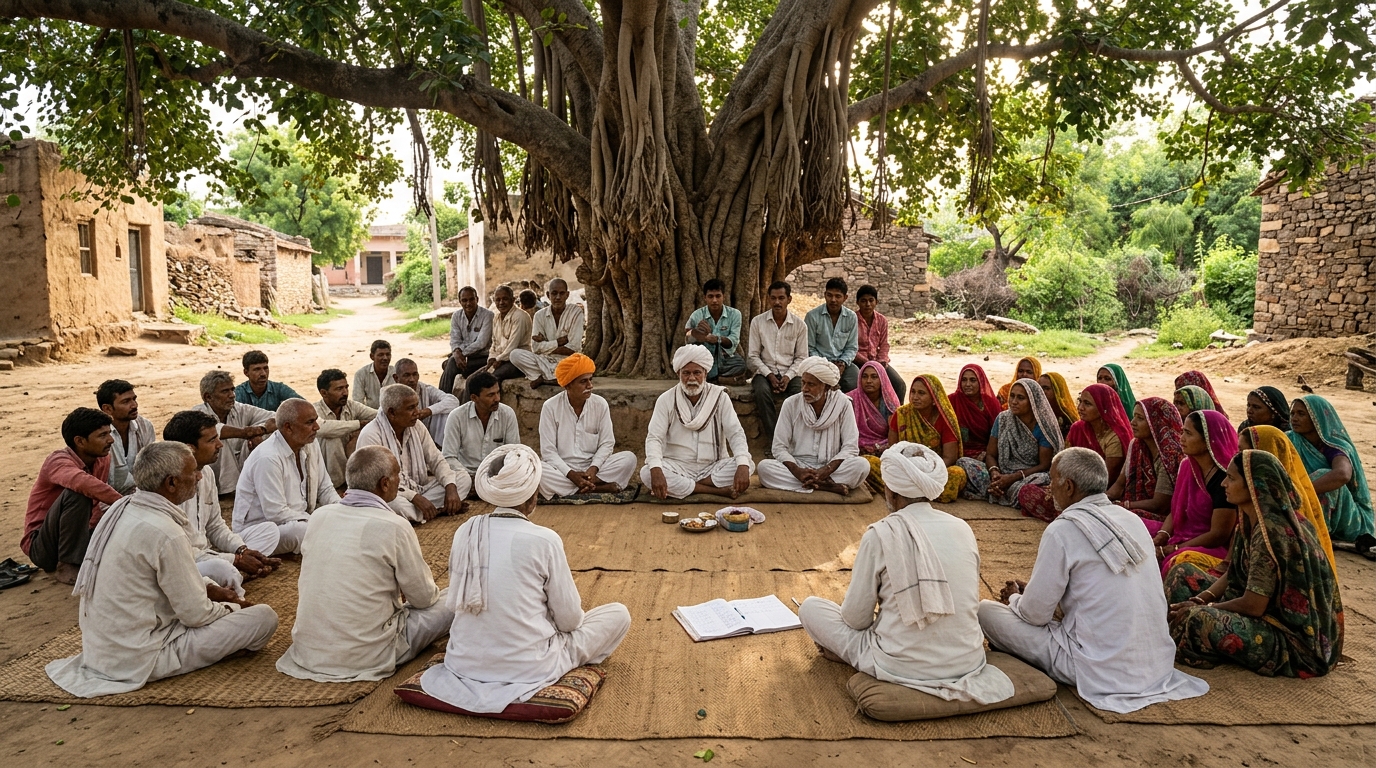 Indian village council meeting under a Banyan tree representing Panchayat self-government.