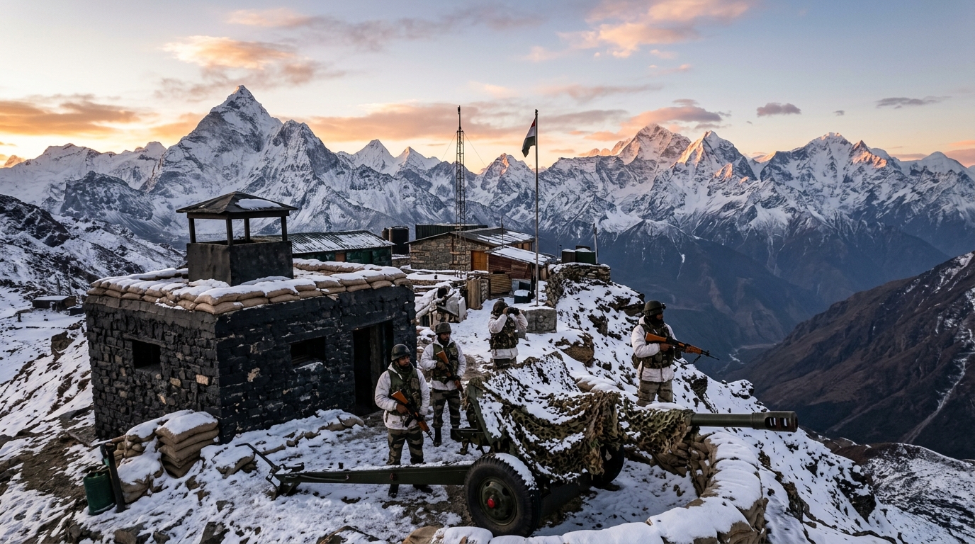 Modern Indian military personnel at a high-altitude Himalayan border outpost at dawn.