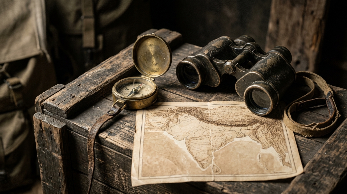 Vintage military compass and map representing the 1947 partition of Indian defense assets.