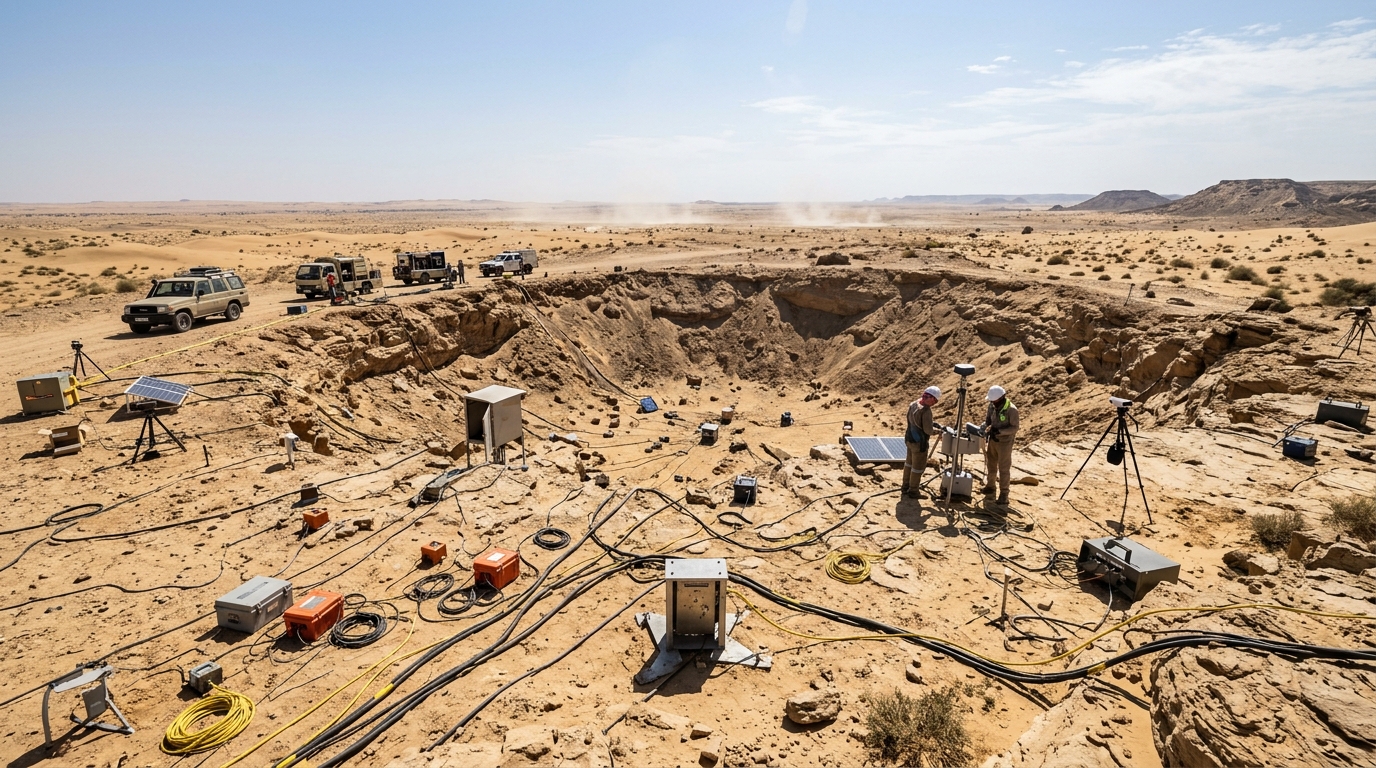 Desert geological testing site with sensors representing India's Pokhran nuclear defense capabilities.