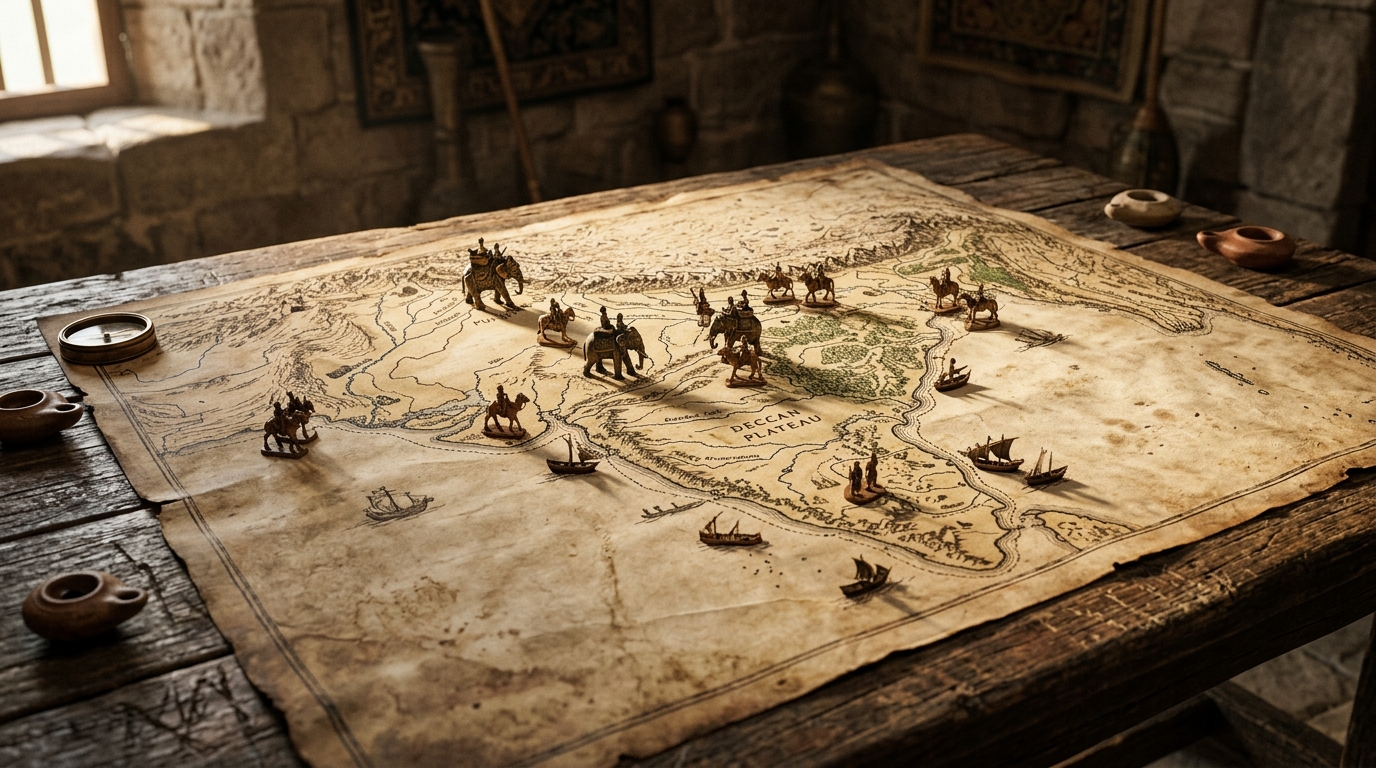 Ancient Indian military strategy map with bronze elephant and cavalry markers on a wooden table.