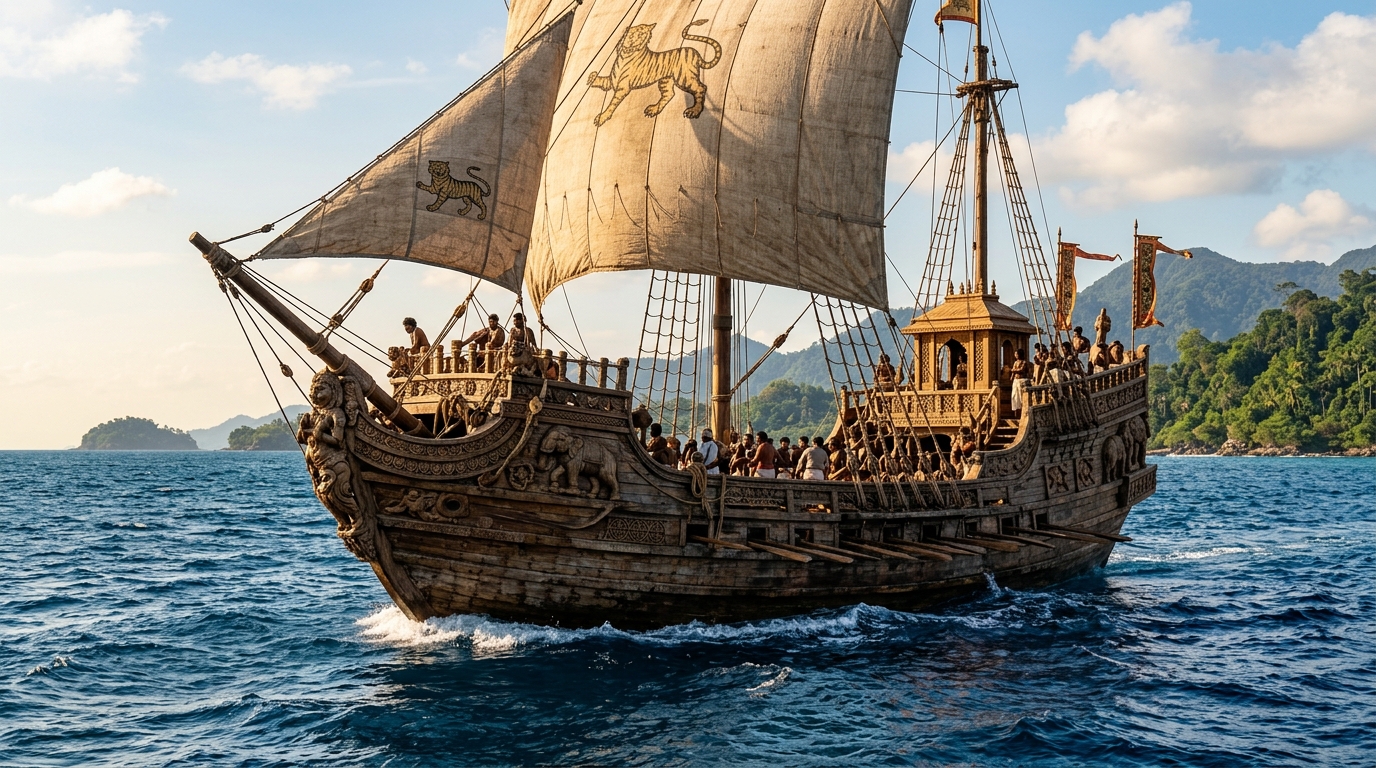 Reconstructed Chola dynasty wooden warship sailing coastal waters, illustrating ancient Indian naval warfare.