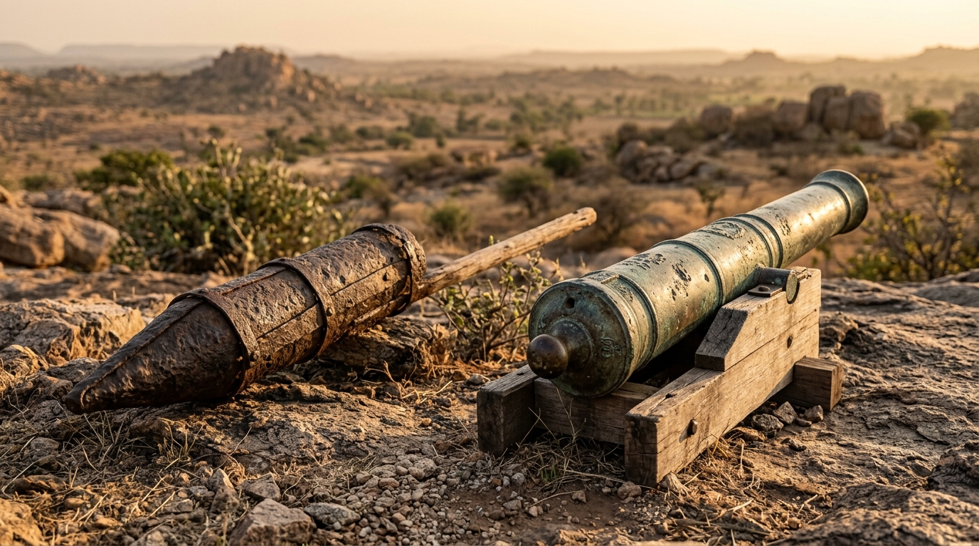 Medieval iron artillery rocket and bronze cannon on the rocky terrain of the Deccan Plateau.