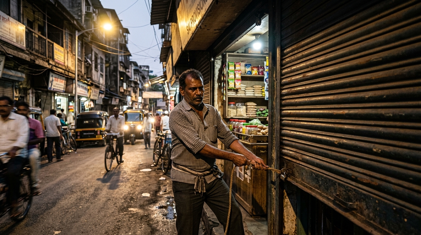 Mumbai grocery shopkeeper pulling down a metal shutter during the 2020 national lockdown announcement.