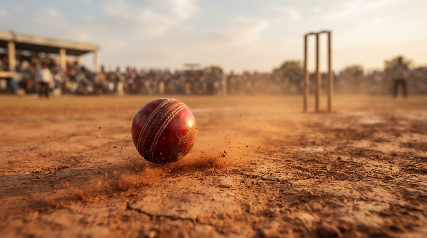 Red cricket ball spinning on a cracked subcontinent pitch creating red dust during a Test match.