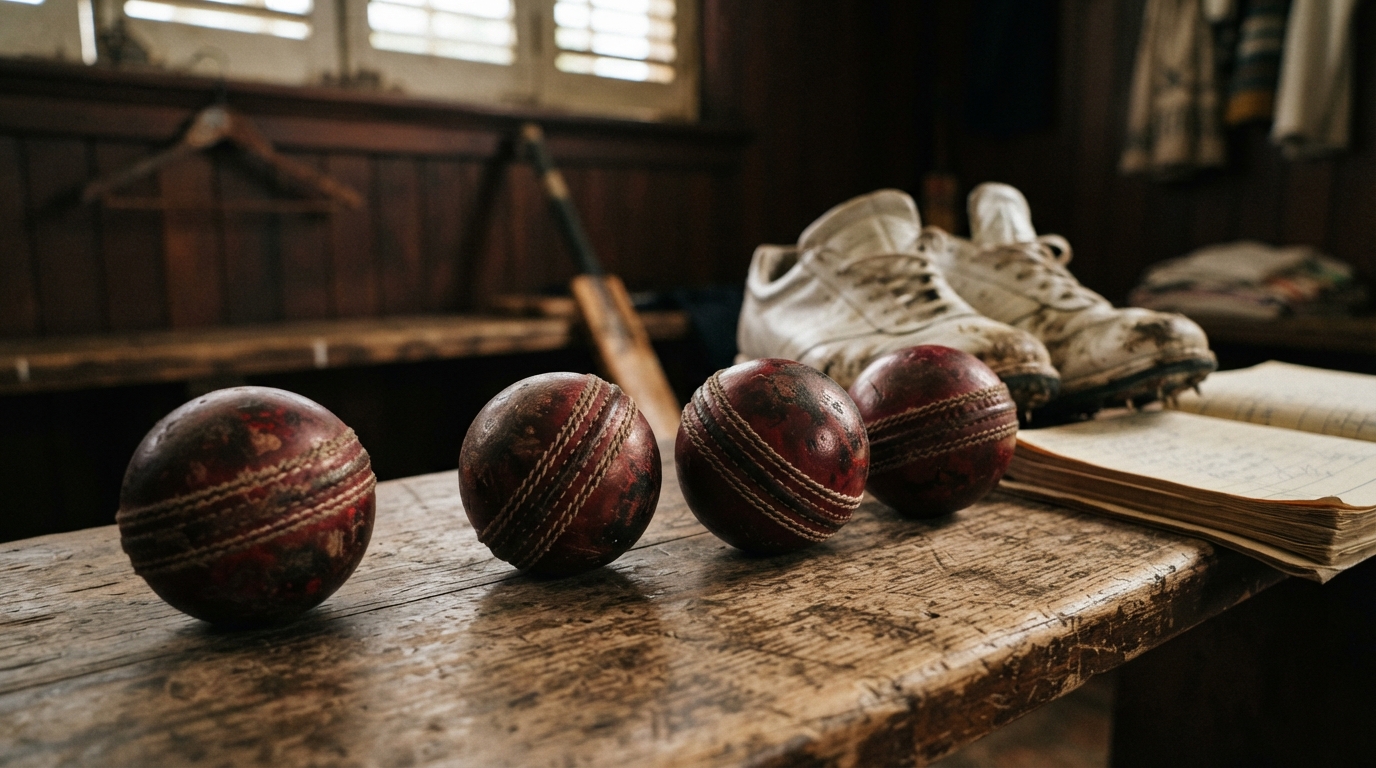 Vintage worn cricket balls and equipment representing the historic 1970s Indian spin quartet era.