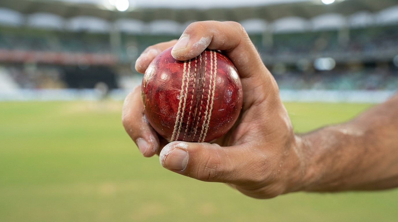 Close-up macro view of a bowler's hand demonstrating the finger grip for a carrom ball.