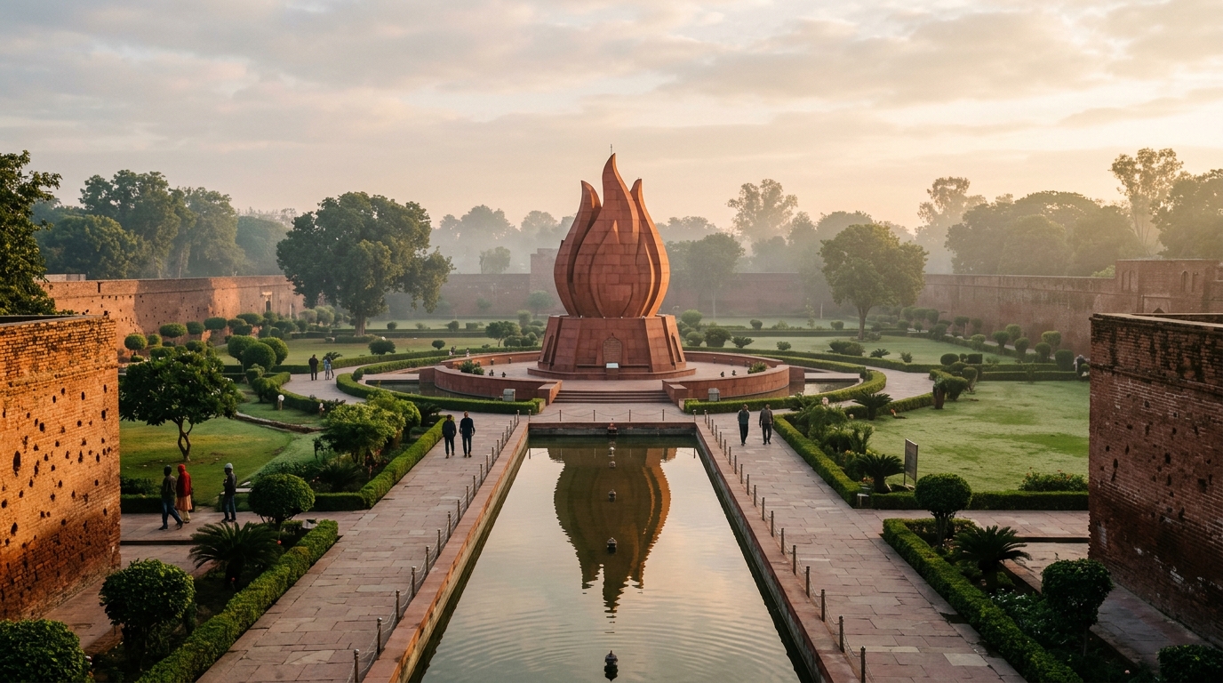 The red stone Martyrs Memorial structure at Jallianwala Bagh commemorating key Indian historical events.