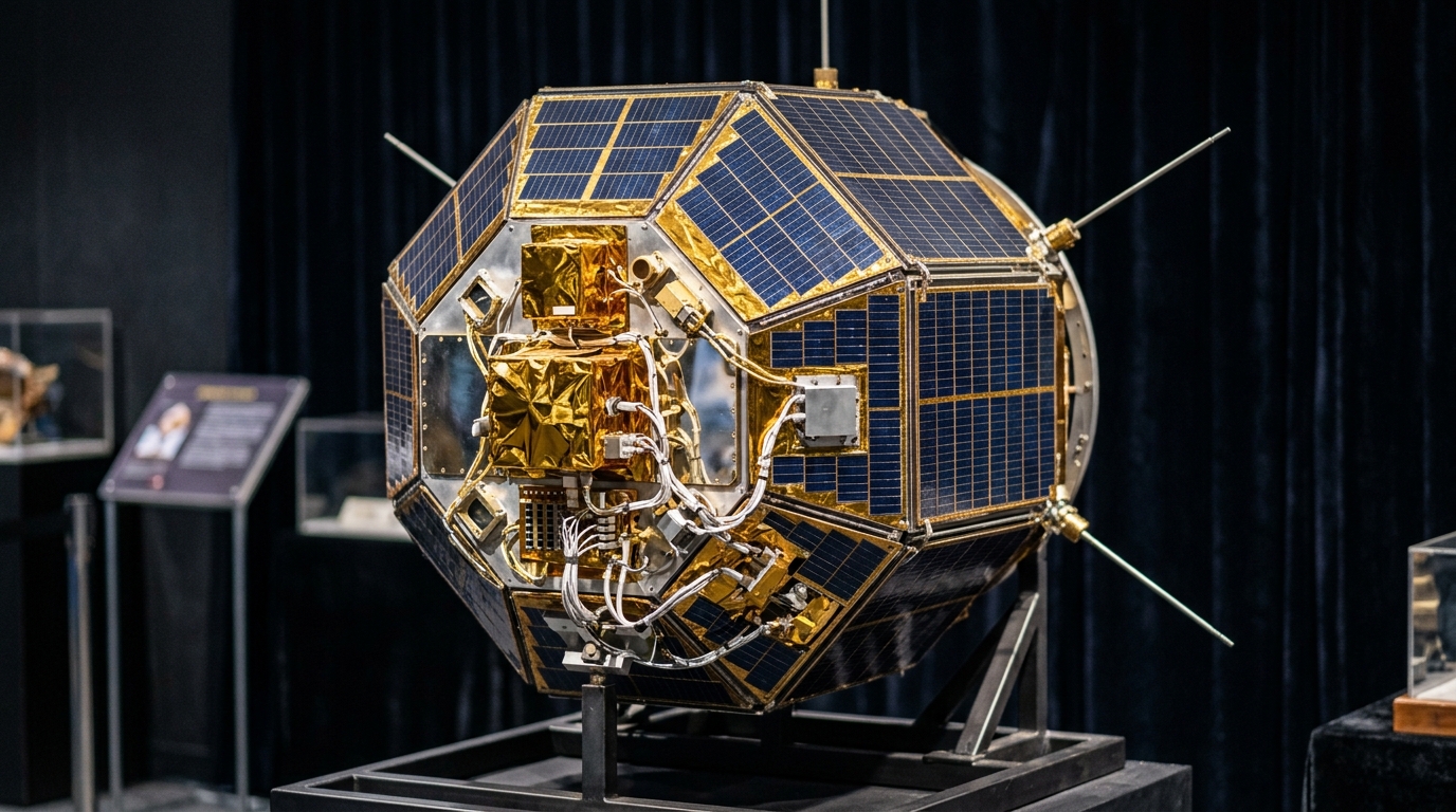 Detailed replica of Aryabhata, India's first satellite launched into space in April 1975.