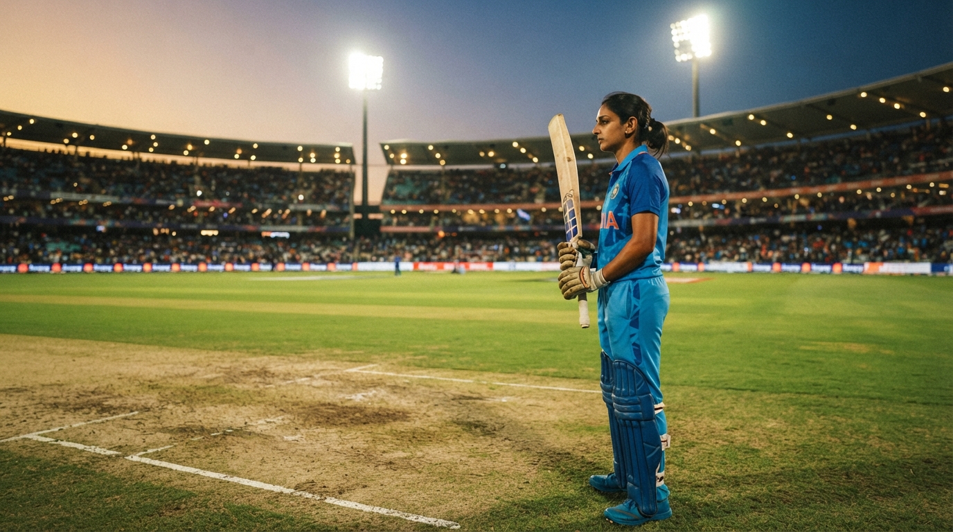 Indian female cricket player standing with bat on a floodlit stadium pitch during a match.