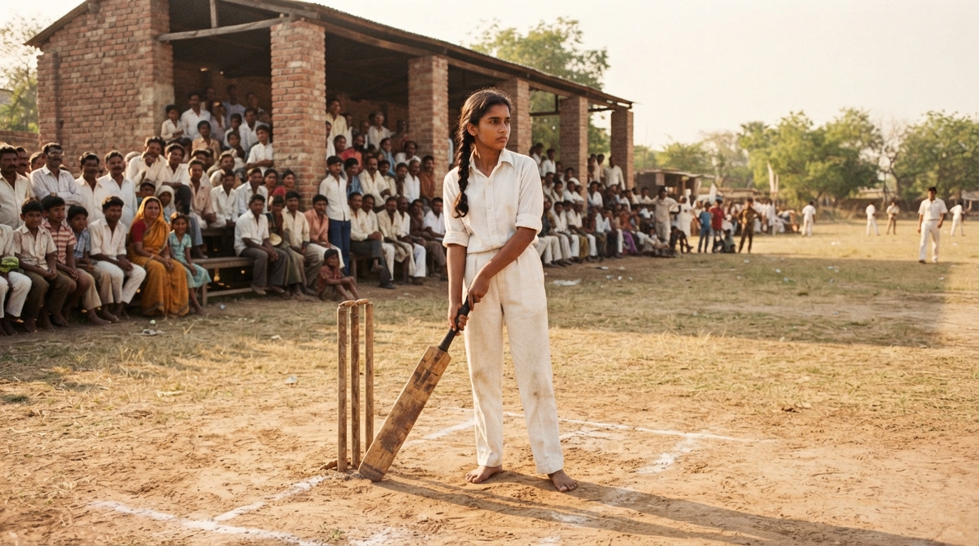 Vintage scene of female cricketers in white flannels playing on an Indian cricket pitch.