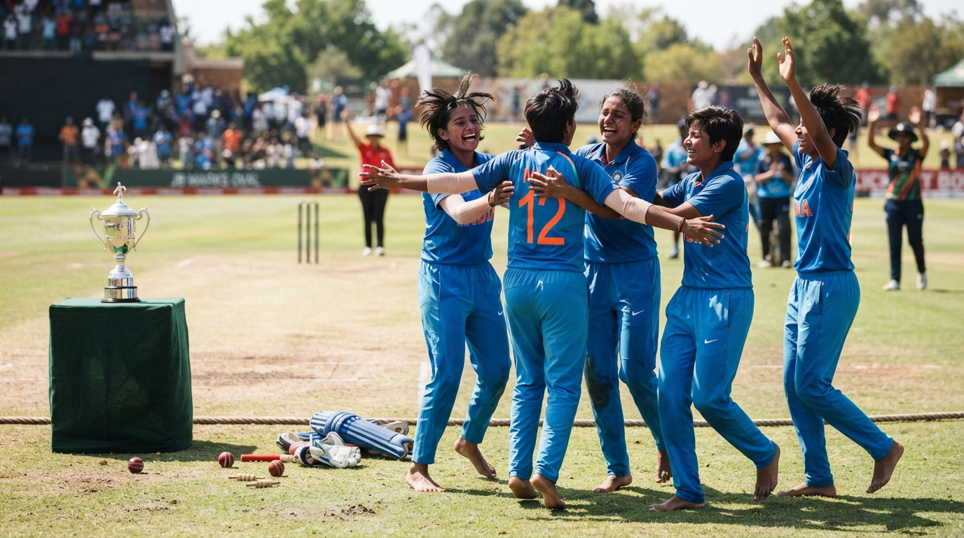 Young Indian women cricket players celebrating championship victory next to a trophy on the field.