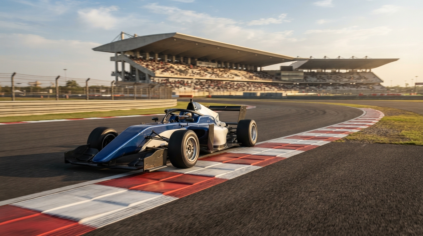 Open-wheel single-seater race car navigating a sweeping corner on an Indian motorsport circuit track.