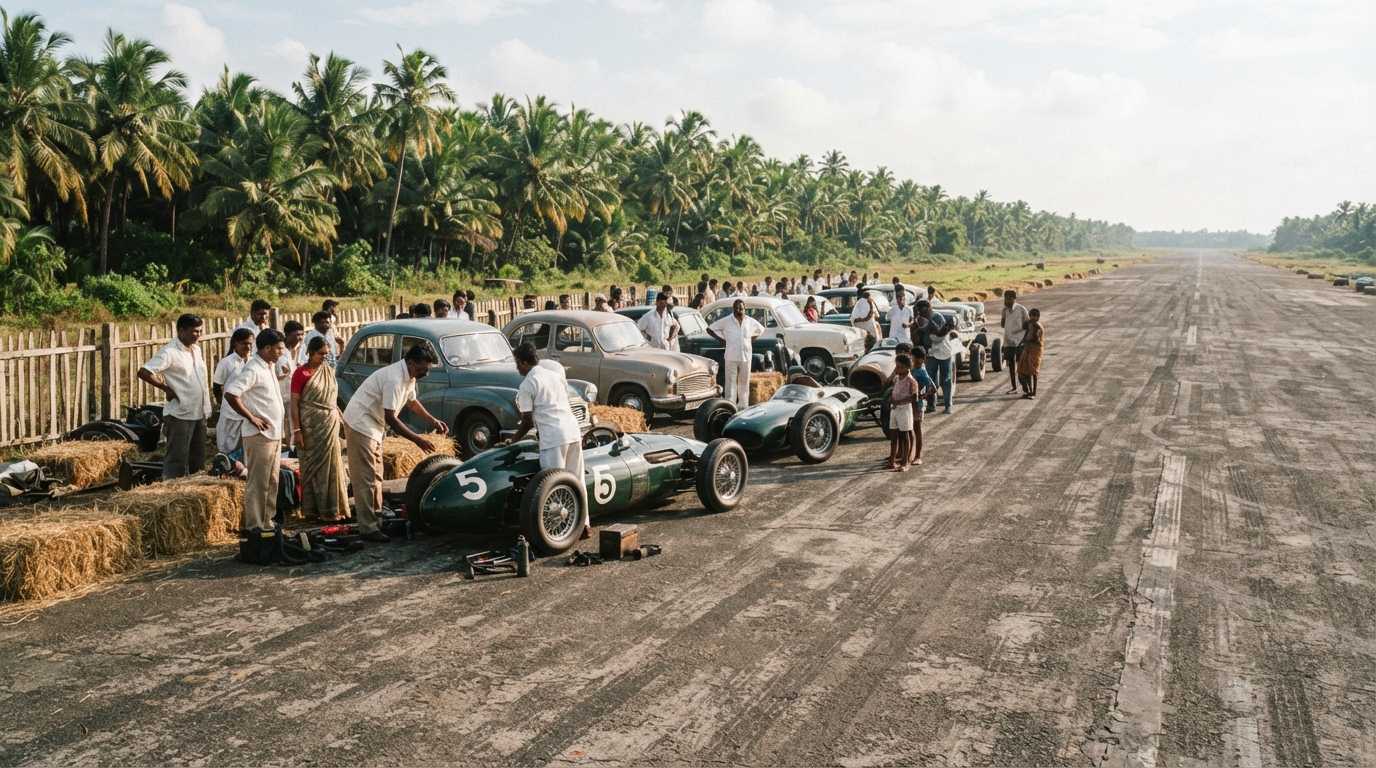 Vintage race cars lined up on a historic airstrip track during early Indian motorsport competitions.