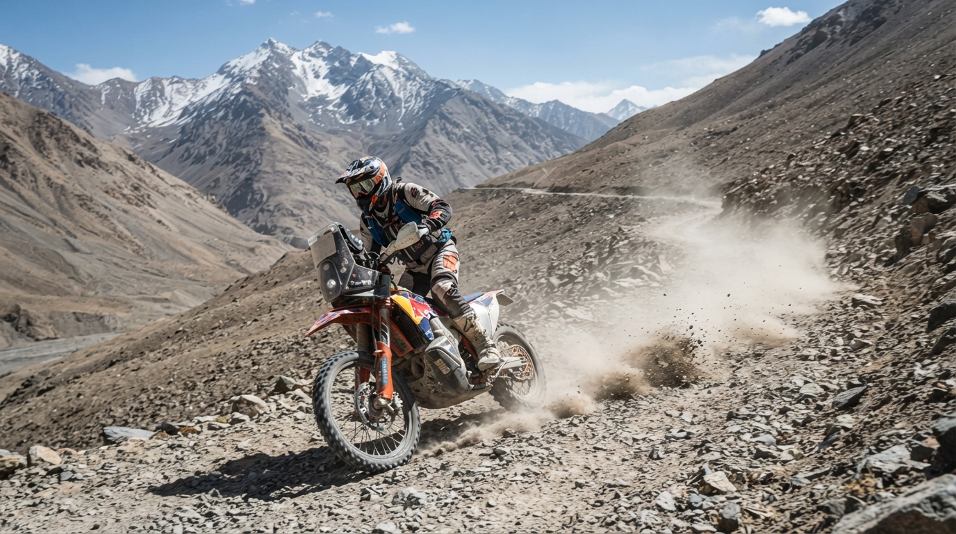 Off-road rally motorcycle navigating a dusty Himalayan mountain road during an Indian national rally event.