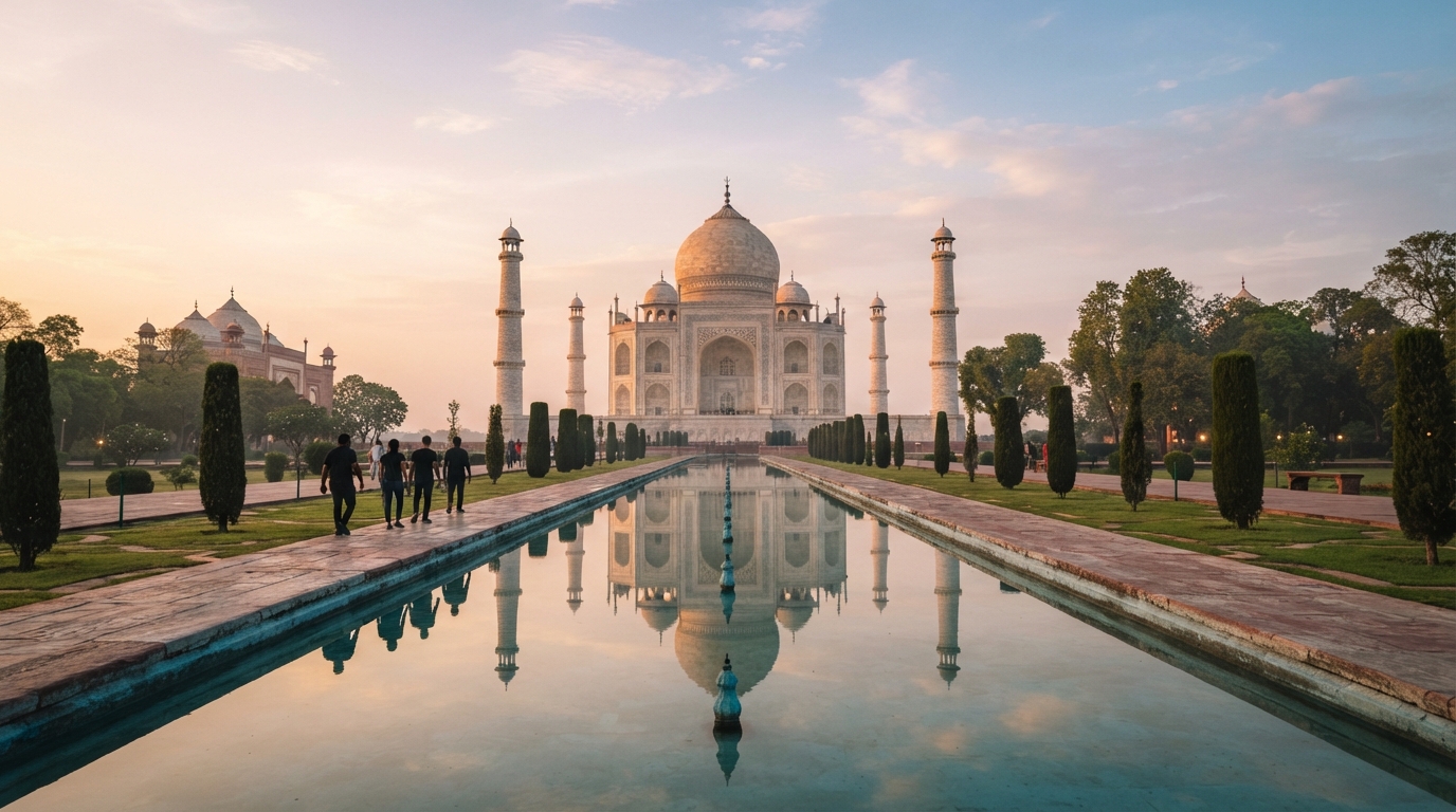 Taj Mahal at dawn reflected in a long pool, representing Mughal Empire history