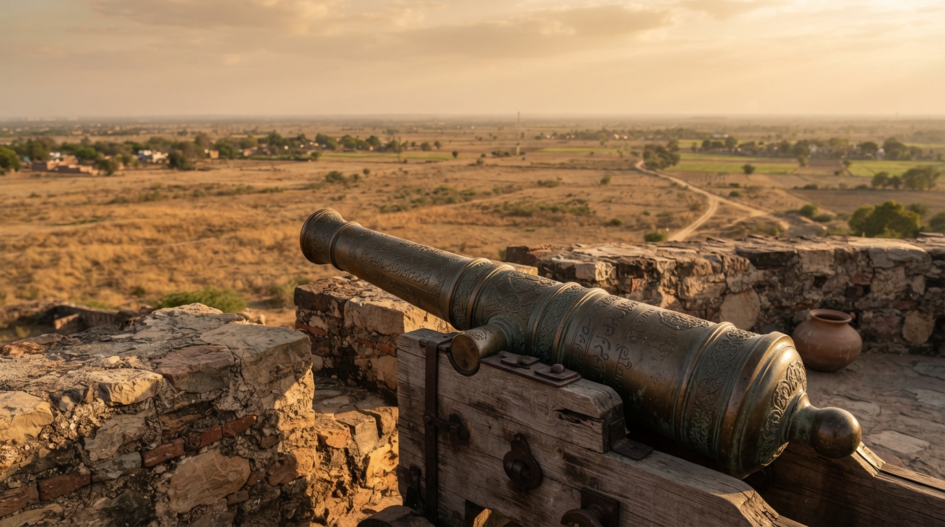 Antique bronze cannon overlooking the flat Panipat plain where Babur won in 1526