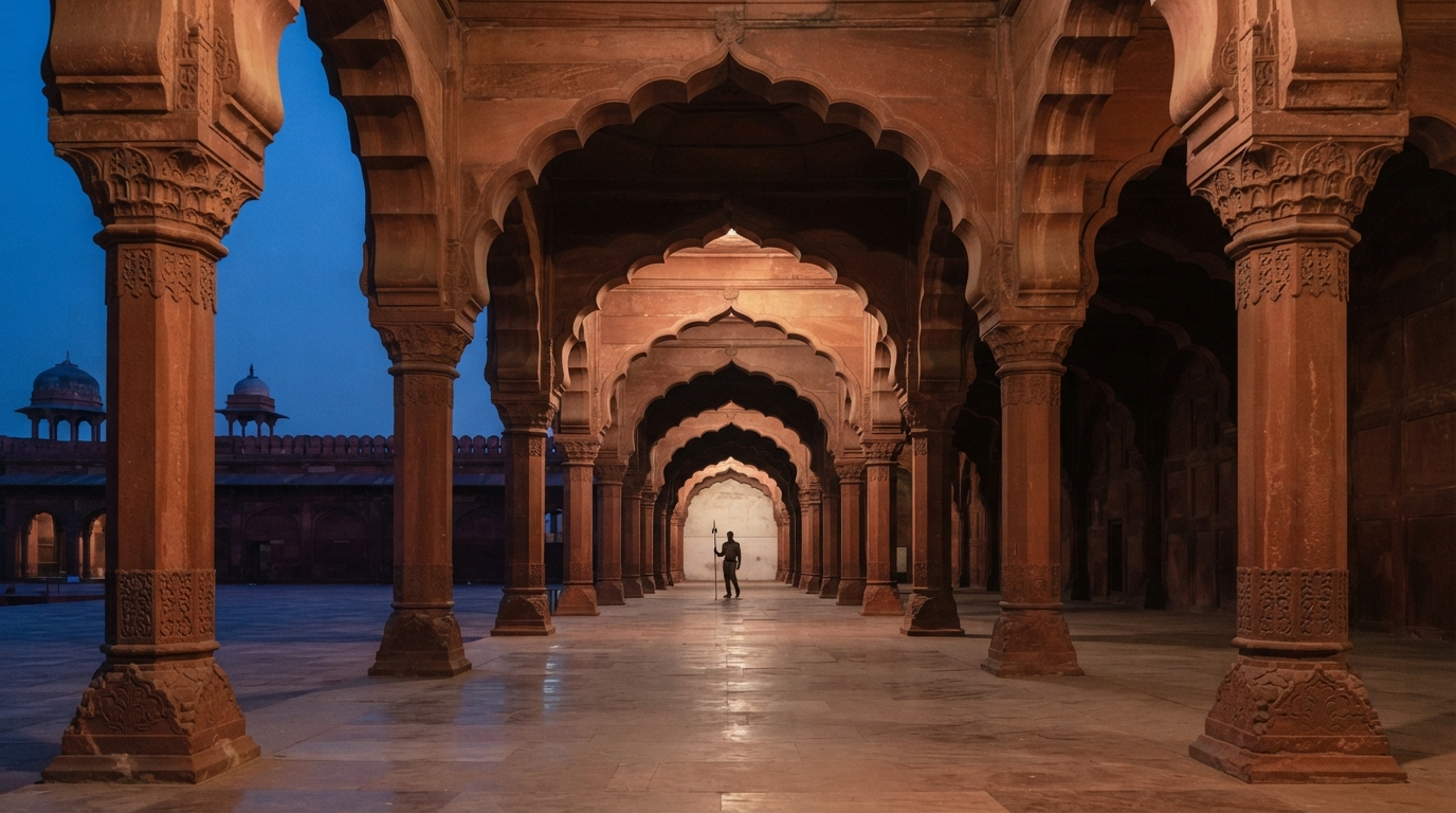 Red sandstone arches of the Red Fort's Diwan-i-Aam hall in Delhi at dusk