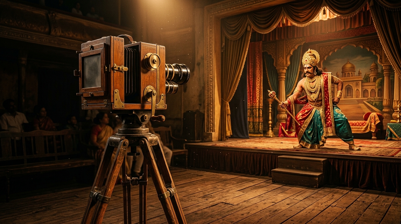 Vintage hand-cranked film camera filming an actor dressed as an ancient Indian king.