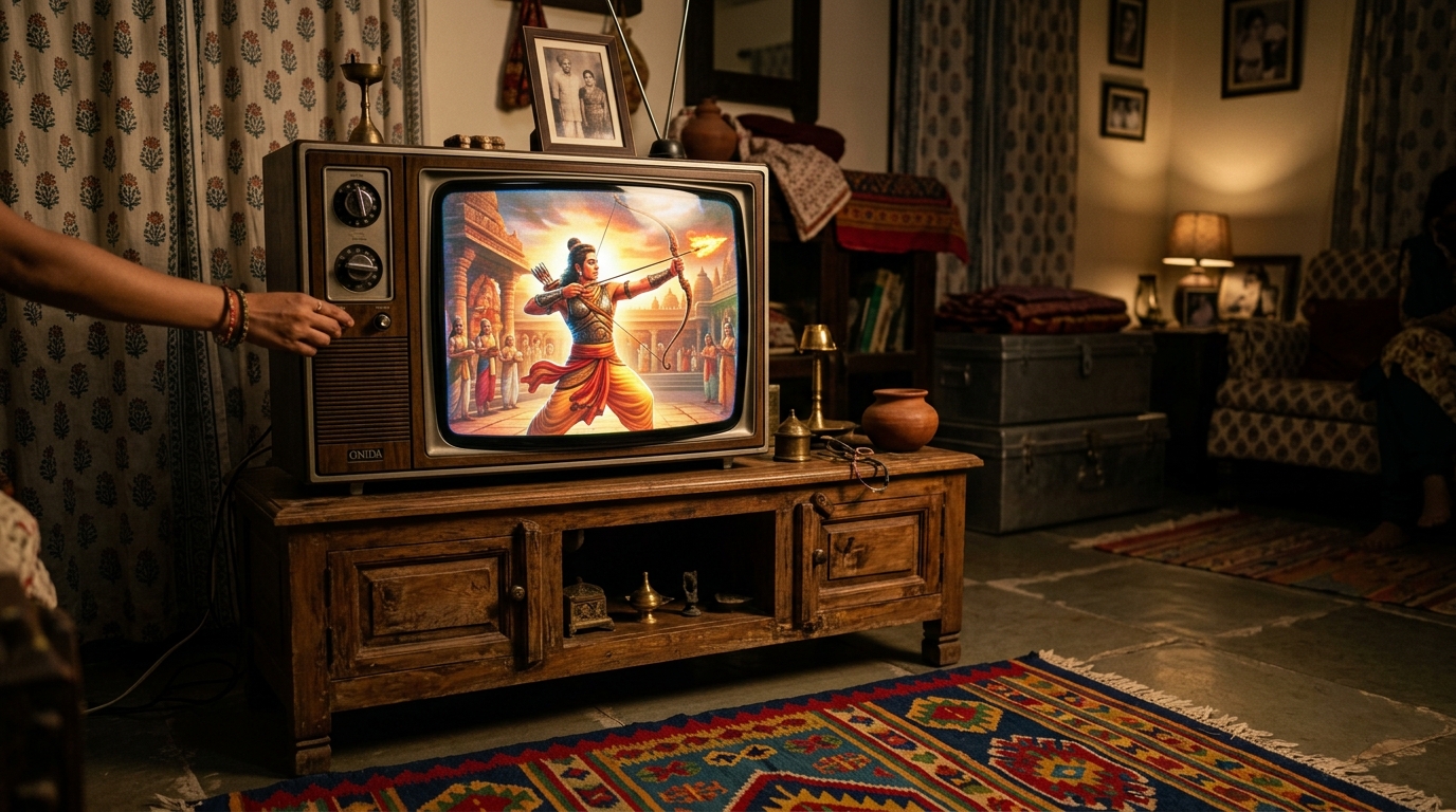 Retro 1980s television broadcasting an Indian mythological epic in a traditional living room.