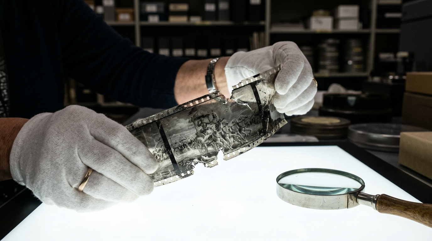 Archivist hands in white gloves inspecting decaying Indian mythological celluloid film on a lightbox.