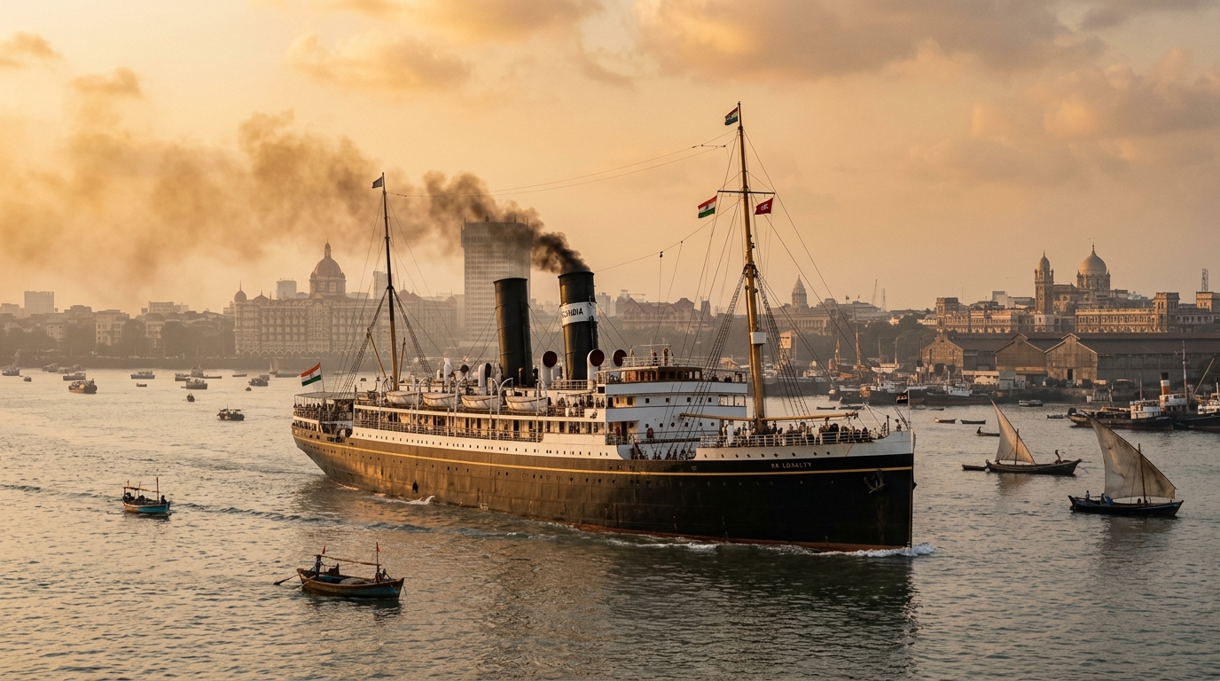 Historic 1919 steamship sailing from Mumbai harbor celebrating Indian National Maritime Day.