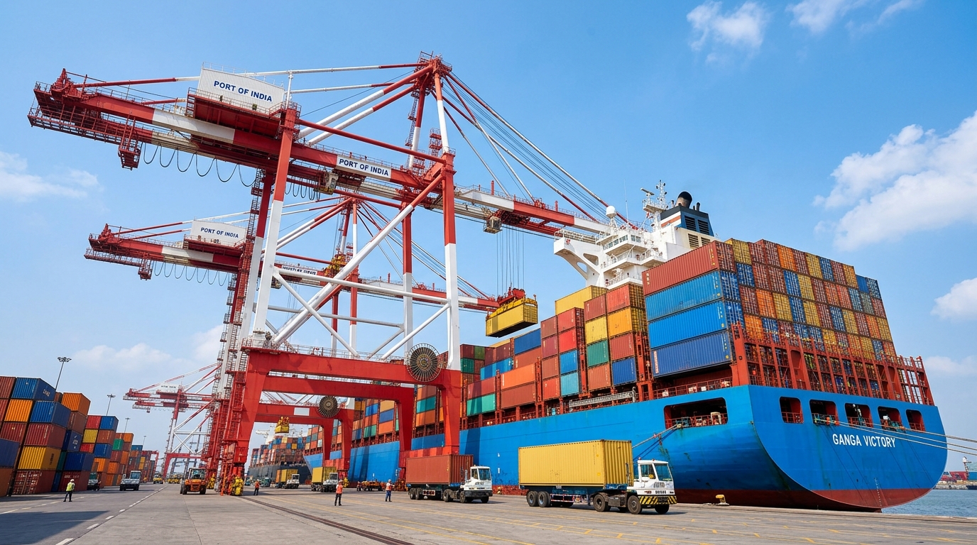 Large gantry cranes loading colorful shipping containers onto a cargo vessel at an Indian port.