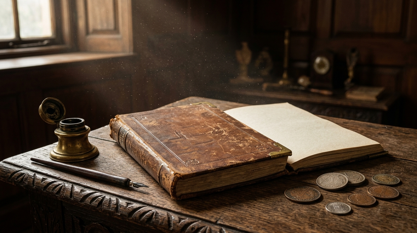 Vintage leather ledger and antique coins representing the historical establishment of Indian financial institutions.