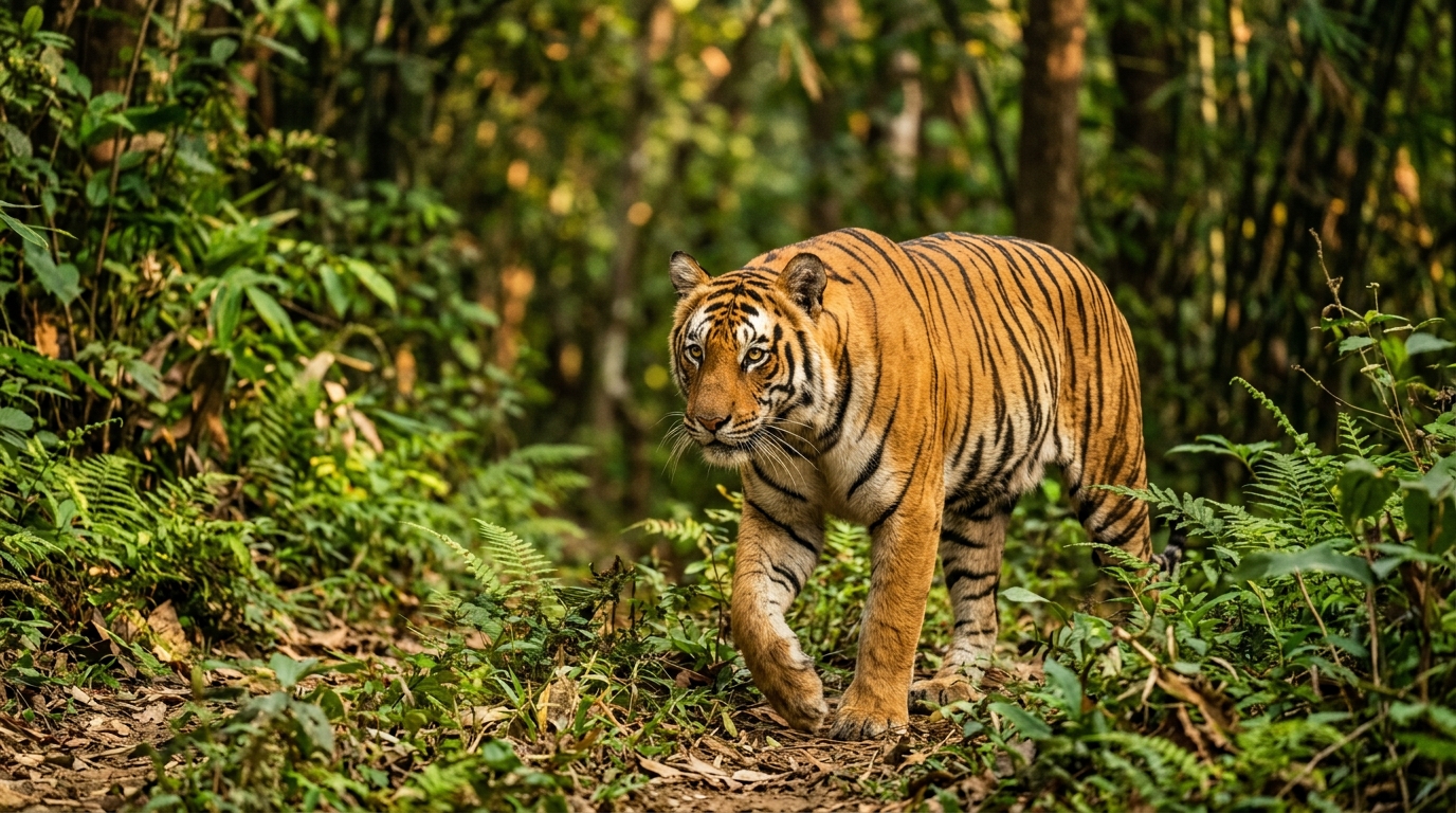 Majestic Bengal tiger in a lush jungle highlighting India's wildlife conservation and Project Tiger.
