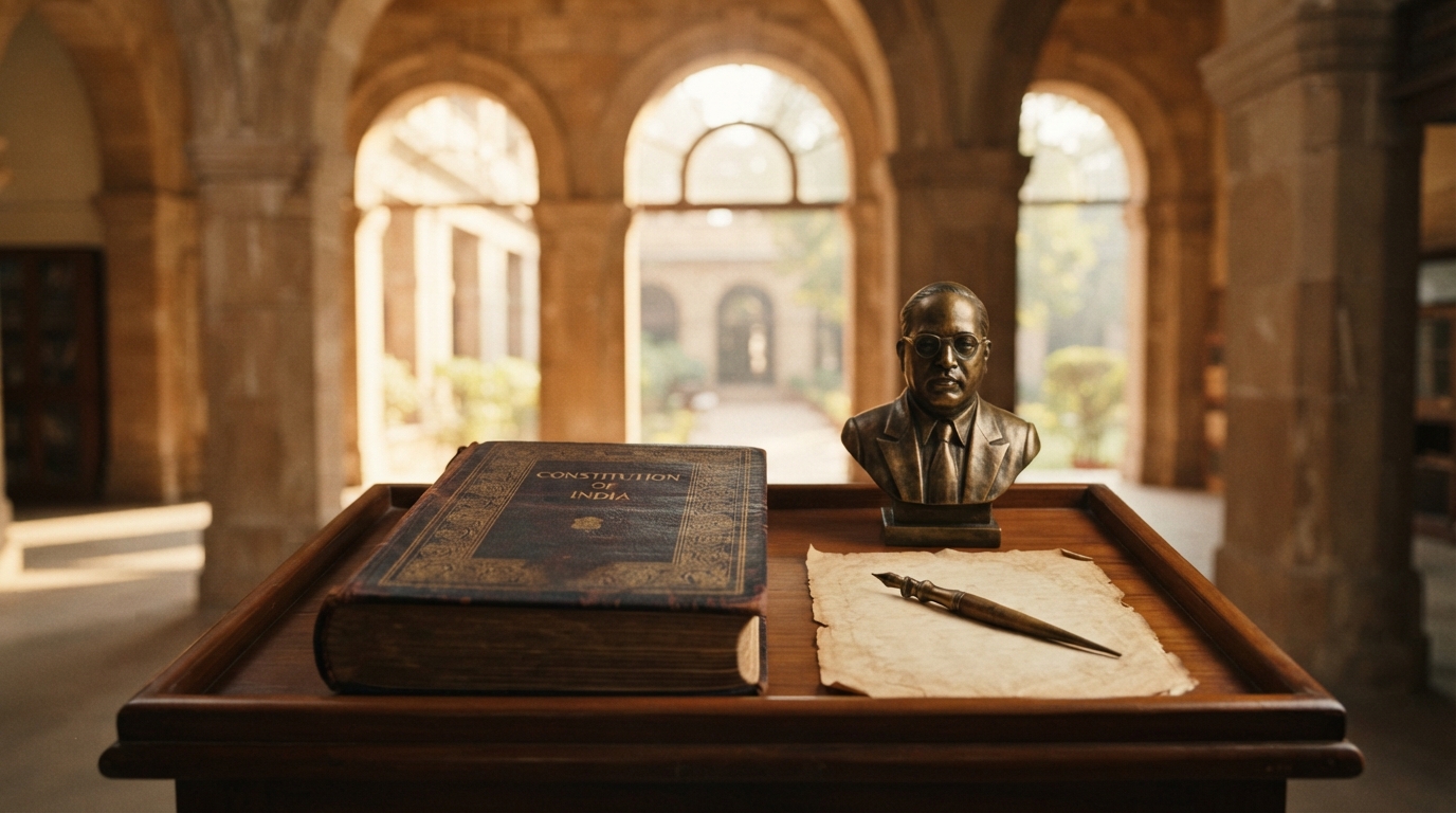 Vintage leatherbound Constitution of India and bronze emblem commemorating Dr. B.R. Ambedkar's historical legacy.