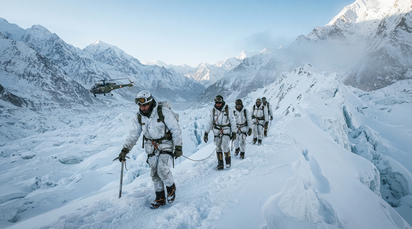 Indian Army soldiers in winter gear navigating snow terrain on the high-altitude Siachen Glacier.