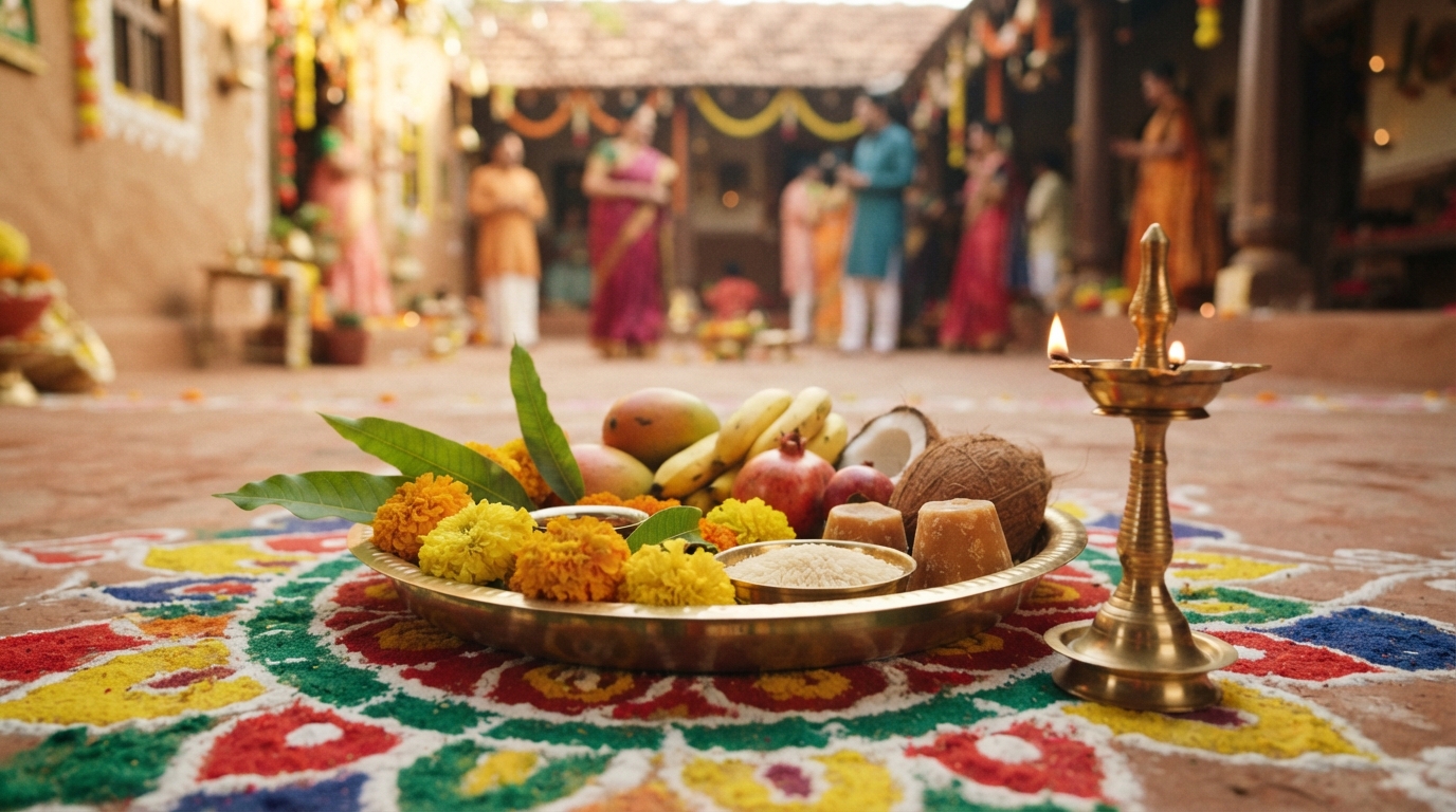 Traditional festive brass platter with marigolds, mango leaves, and diya for Mesha Sankranti.