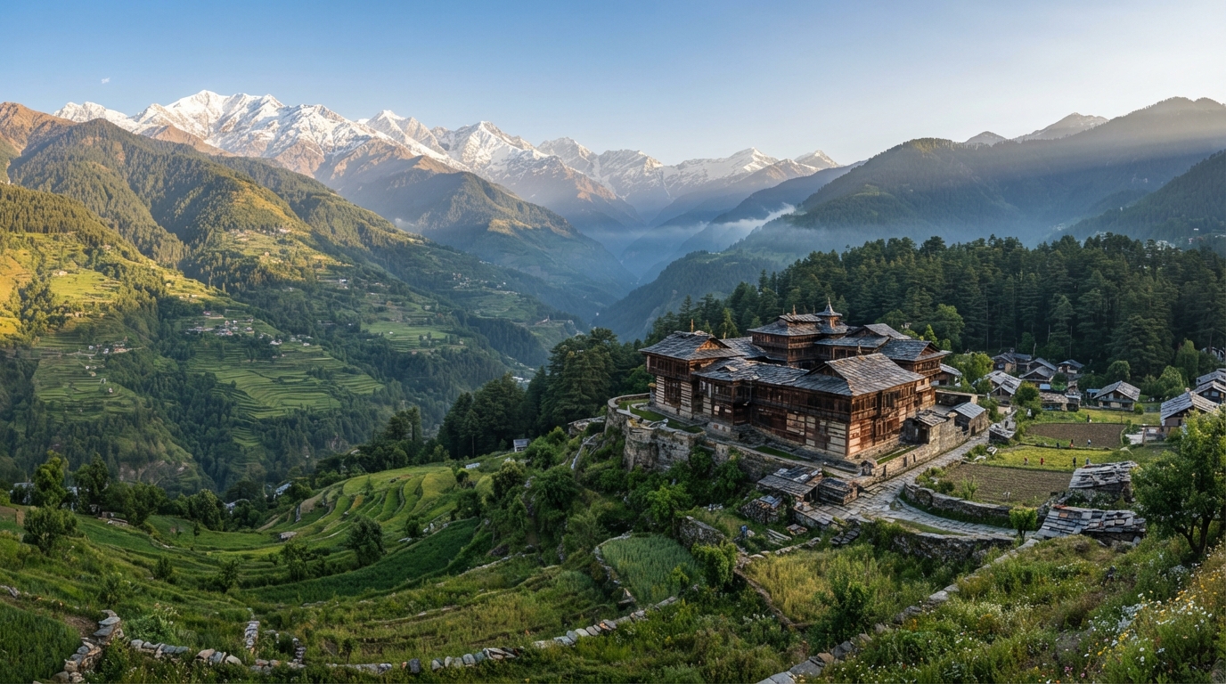 Scenic mountain valley and historic stone palace representing the 1948 founding of Himachal Pradesh
