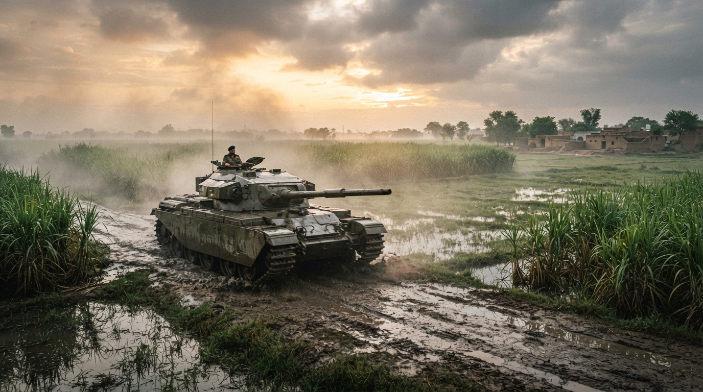 Vintage military tank positioned among rural Punjab sugarcane fields during a historical battle recreation.