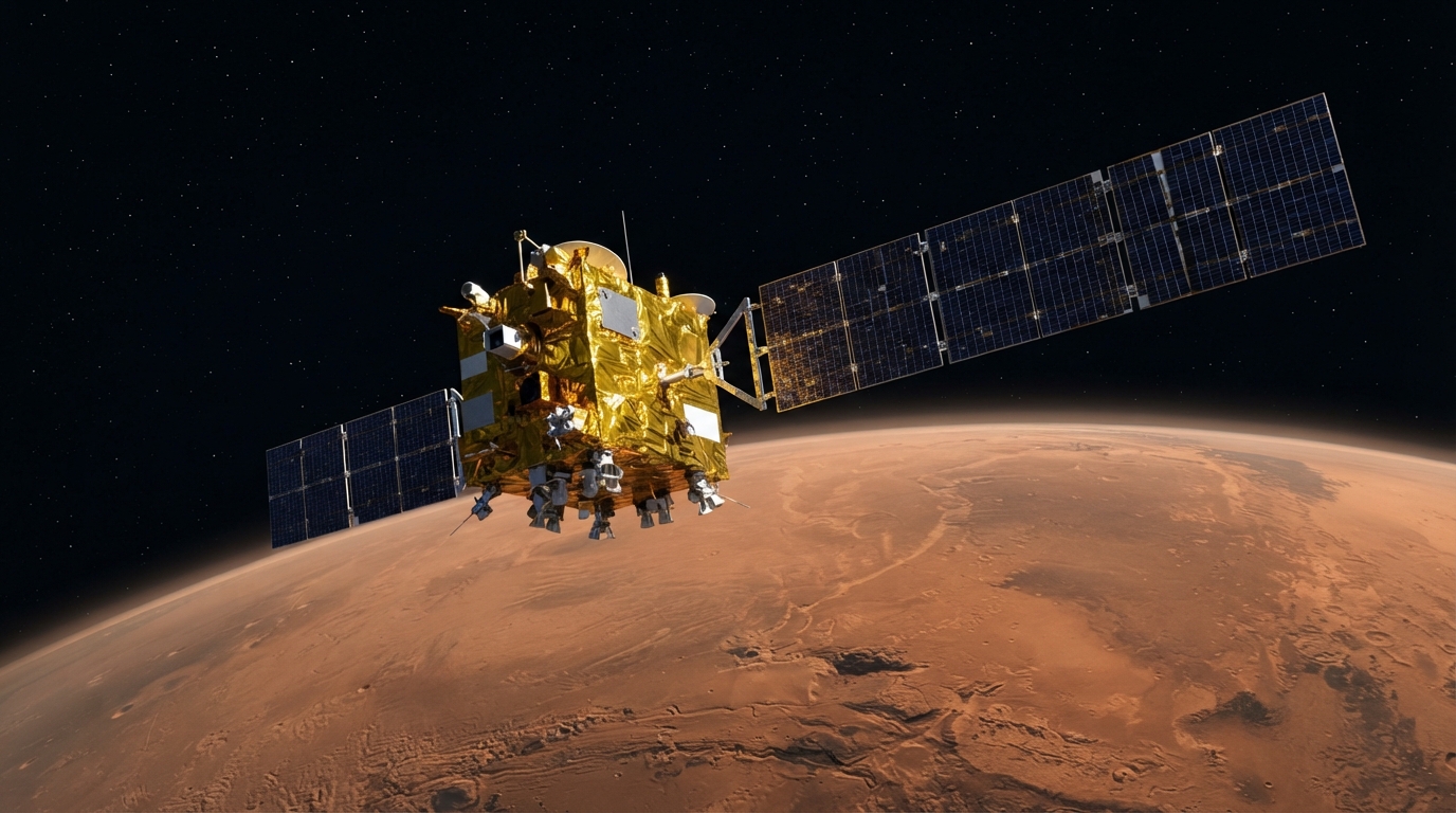 The gold-foil insulated Mars Orbiter spacecraft orbiting closely above the red planet surface.