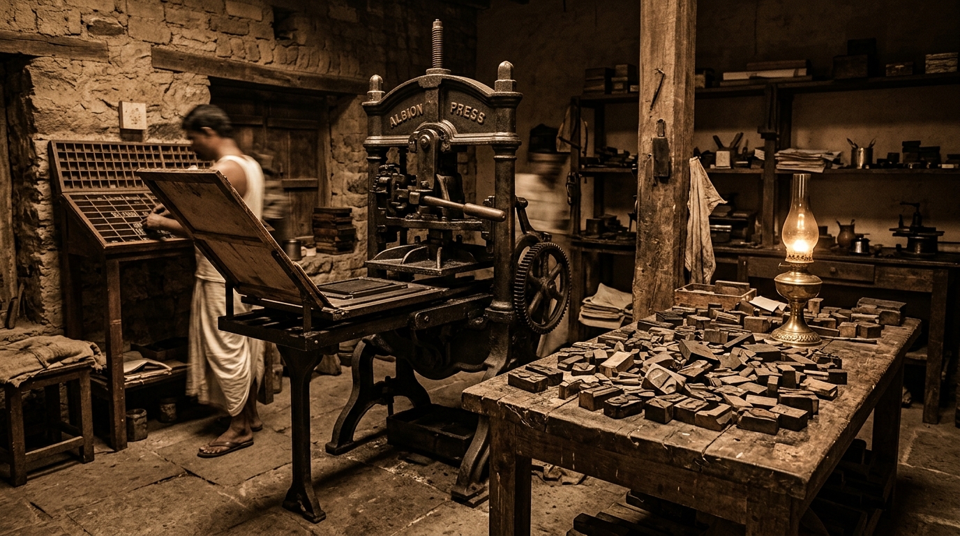Vintage 19th-century printing press representing the launch of Kesari newspaper in Indian history.