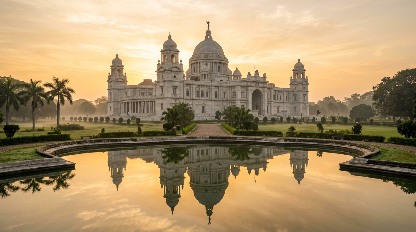 White marble Victoria Memorial in Kolkata bathed in golden morning light reflecting in water.