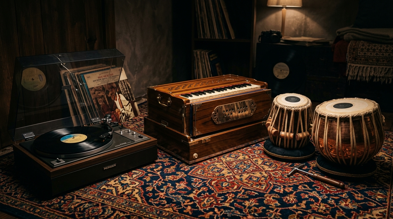 Vintage harmonium, tablas, and vinyl record player representing Indian cinematic music history.