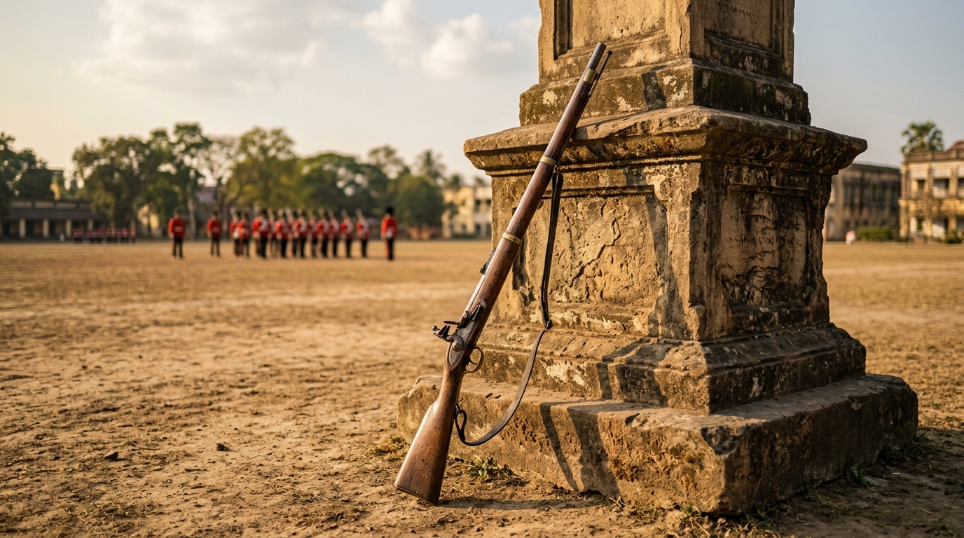 Antique 19th-century musket on a dusty parade ground representing the 1857 Indian rebellion.
