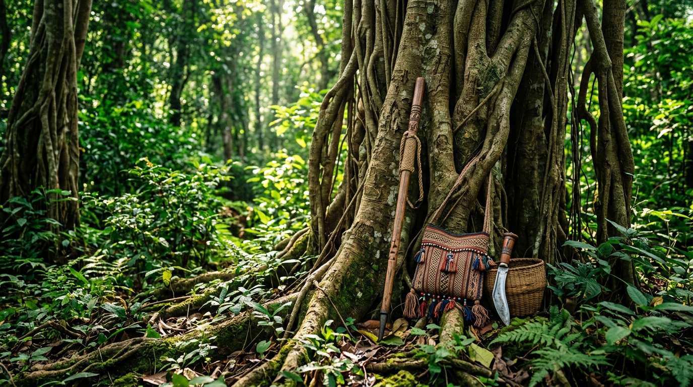 Dense forest in Odisha with traditional tribal artifacts symbolizing Laxman Nayak's freedom struggle.