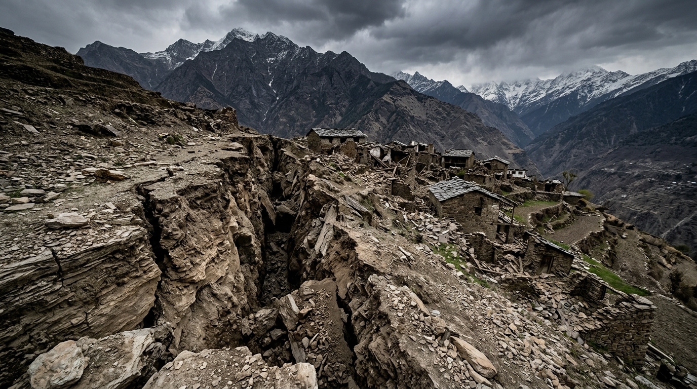 Deep fissure in rocky mountainous terrain representing the devastating 1999 Chamoli earthquake aftermath.