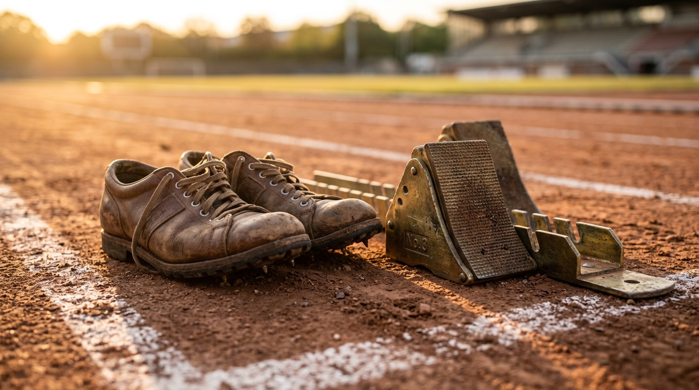 Vintage running spikes on a clay track representing the history of Indian women in sports.