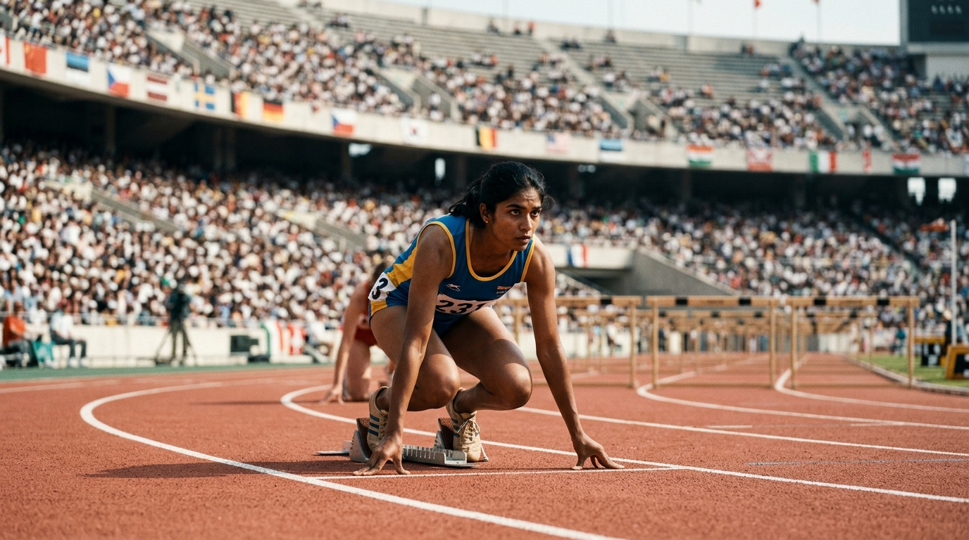 Indian female track athlete preparing at the starting line for a 400-meter hurdle race.